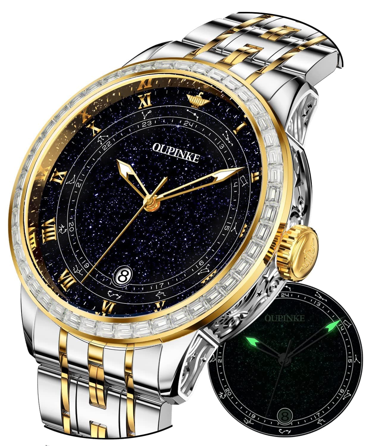 OUPINKE Men Watches Automatic Starry Luxury Mechanical Sky 5ATM Waterproof Date Luminous with Sapphire and Tungsten Steel Wrist Watch Black