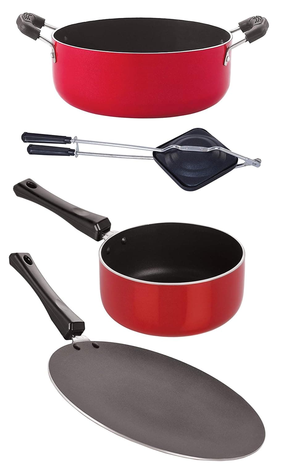 Nirlon Gas Compatible Non-Stick Aluminium Cookware 4 Pieces Set, Red/Black (1 Concave Tawa 27.5cm /1 Sauce Pan (M)1.2 LTR/1 Hand Toster/1 Casserole 3.1 LTR) (CT11_SP(M)_HT_CS24)