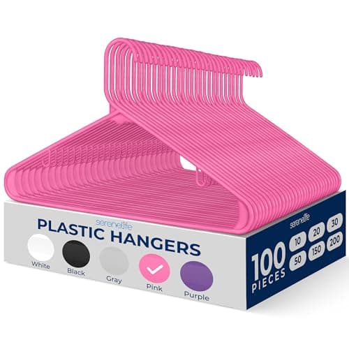 SereneLife 100-Piece Plastic Shirt Hangers – Non-Slip, Slim, Heavy Duty Clothing Hangers for Closets, Space Saving Lightweight Design for Dresses Shirts Coats and Everyday Wardrobe Organization (Pink)