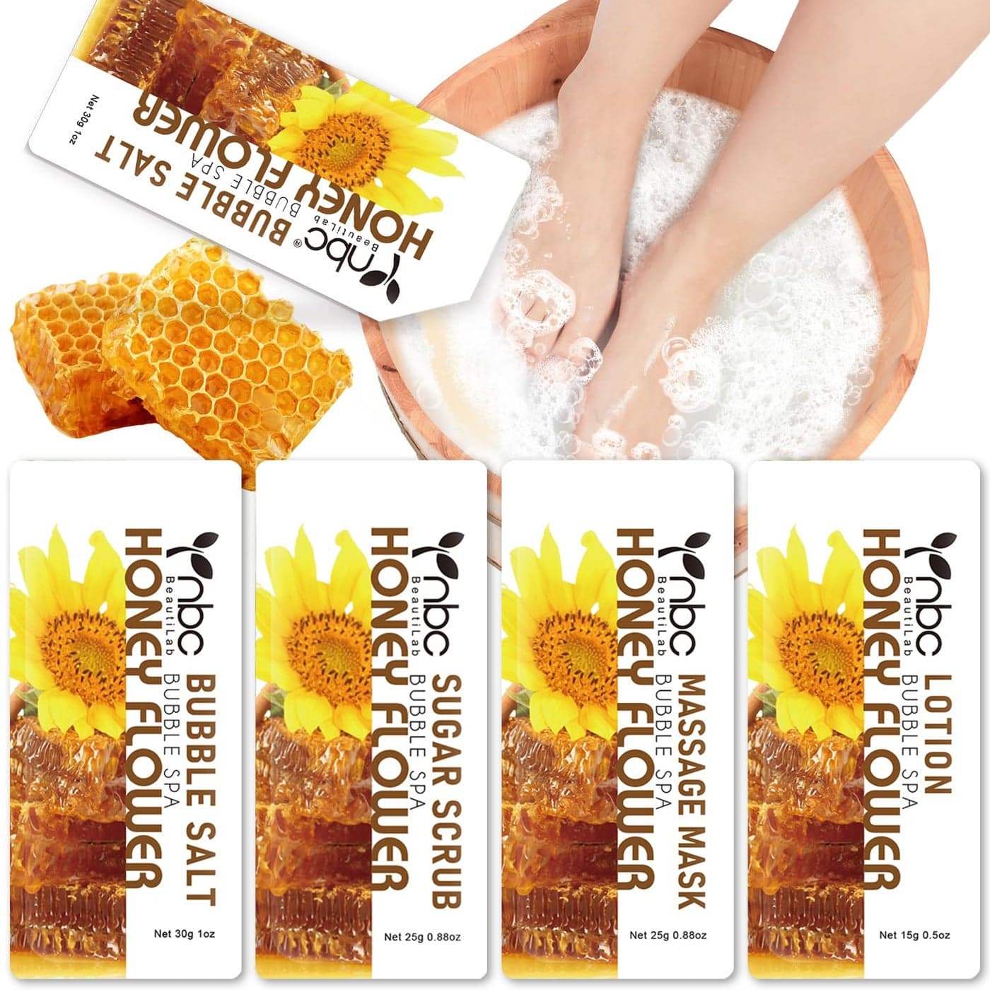 nbc BeautiLab Pedicure Kit Foot Soak Set Bubble Salt Sugar Scrub Massage Mask Massage Lotion in a Box 4 Step Foot Spa Kit for Dry Feet Calluses and Tired Feet1 Set Honey Flower