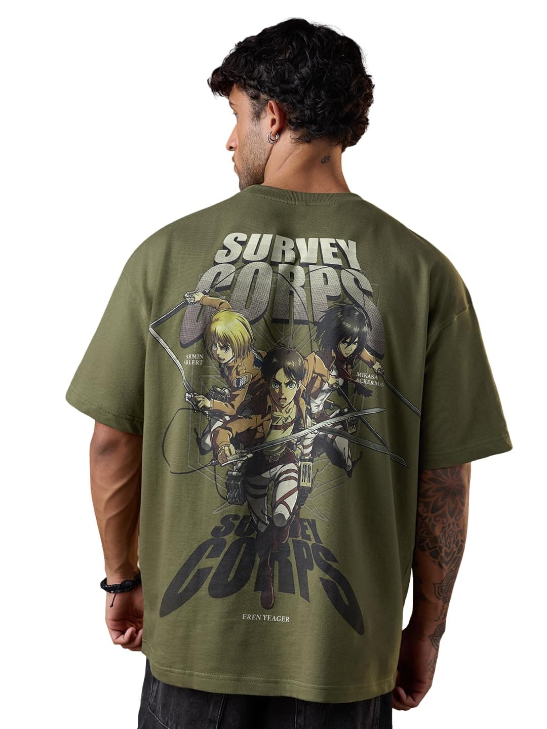 The Souled Store Attack On Titan: Survey Corps Men and Boys Short Sleeves Round Neck Green Graphic Printed Cotton Lightweight Casual Streetwear Oversized T-Shirt
