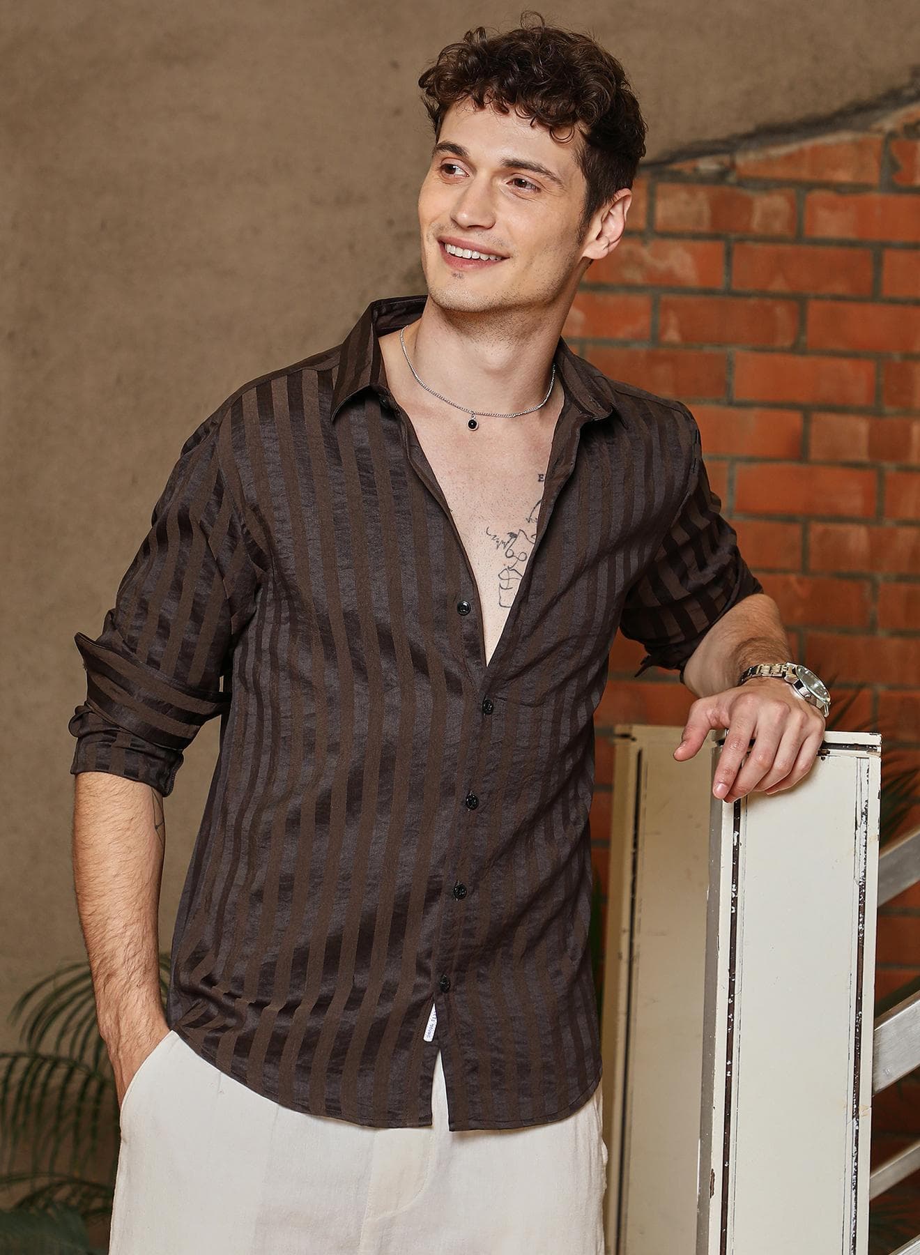 Men's Coffee Brown Candy-Striped Shirt