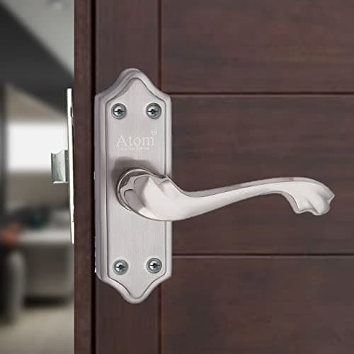 Atom Stainless Steel Bathroom Door Lock, Mortise Door Handle with Baby Latch Lock, Silver Satin Finish, Keyless, Bathroom Lockset for Door, Balcony Toilet Washroom, Pluto-Bl