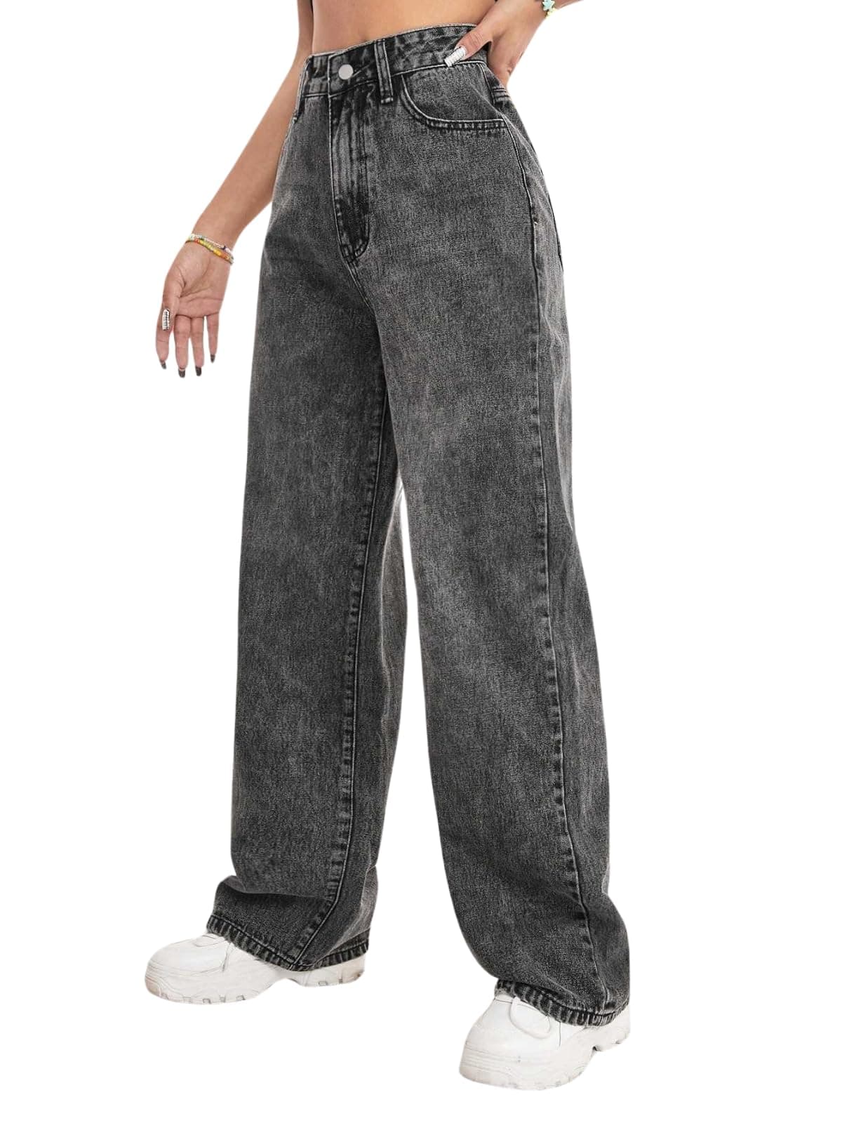 GRECIILOOKS Regular Fit High Rise Pant Baggy High Waist | Bell Bottom Jeans for Women (GL-DJ-11_Grey 01_28)