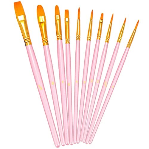 BOSOBO Paint Brushes Set 10 Pieces Round Pointed Tip Paintbrushes Nylon Hair Artist Acrylic Paint Brushes for Acrylic Oil Watercolor Face Nail Body Art Miniature Detailing Rock Painting Pink