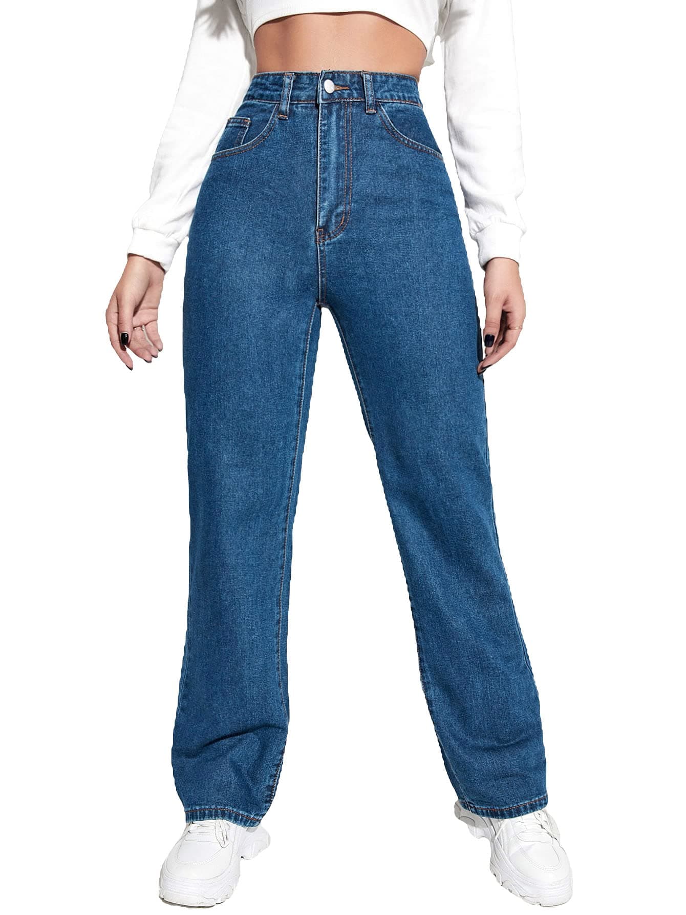 MULVARI Dark Blue Solid Denim High Waist Wide Leg Pants & Jeans for Women's & Girls'(226-DB-26)