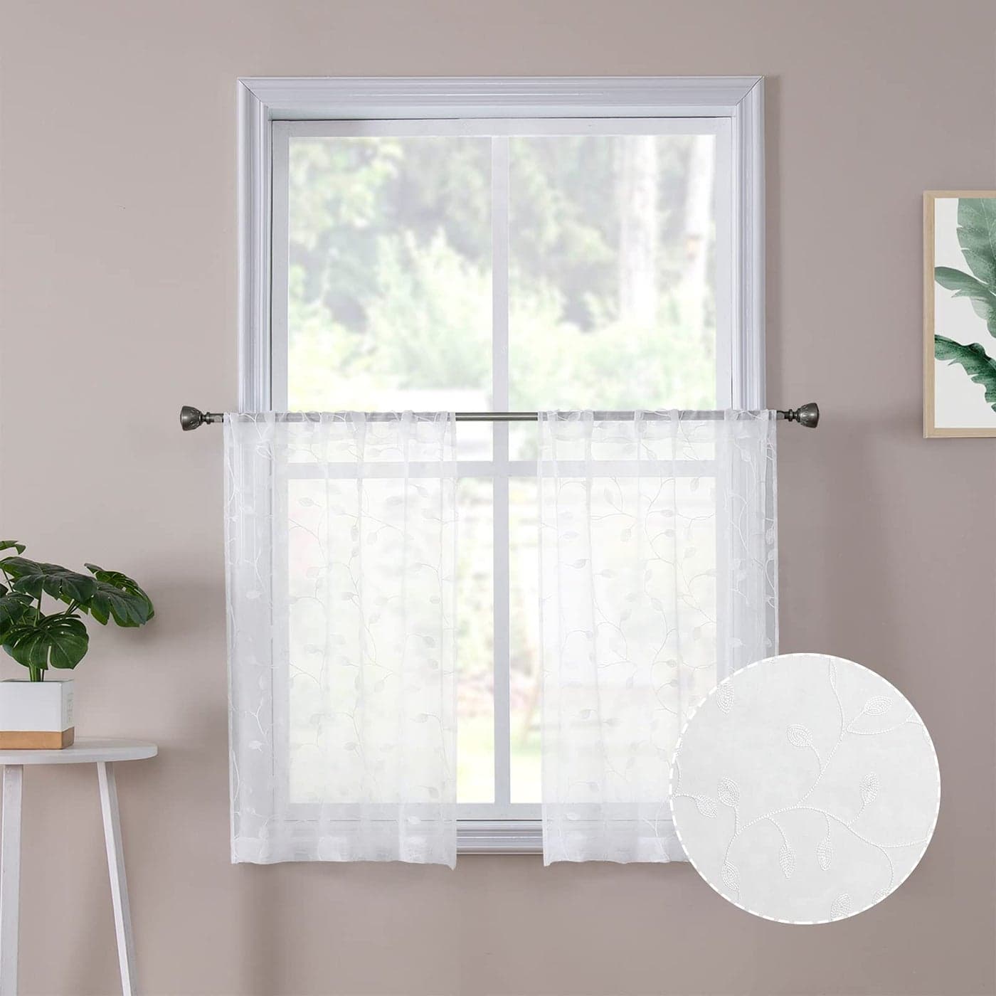 Tollpiz Leaves Sheer Tier Curtain White Leaf Embroidery Kitchen Half Curtains Rod Pocket Voile Faux Linen Embroidered Leaves Curtain for Bathroom 30 x 36 inches Long Set of 2 Panels