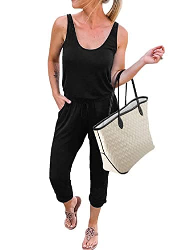 KIRUNDO Women 2025 Summer Jumpsuits Casual Sleeveless Drawstring Elastic Waist Romper Vacation Cruise Airport Travel Outfits(A-Black, Medium)