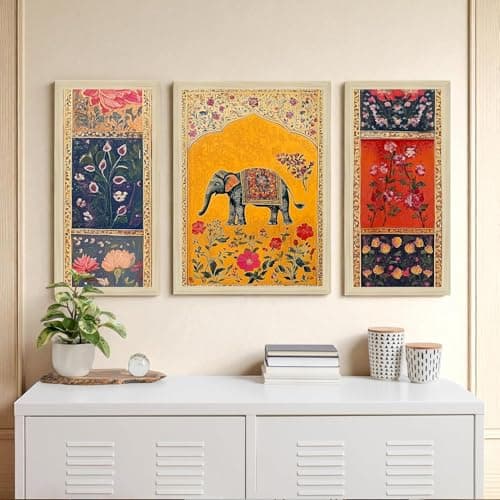 PAINTINGMANTRA Elephant Flowers Indian Persian Framed Wall Art Painting Home Décor Pack Of 3 | Digital Scenery Painting with Frame | Suits for Hallways, Living Room (Set Of 3 22x46 cm 33x44 cm)
