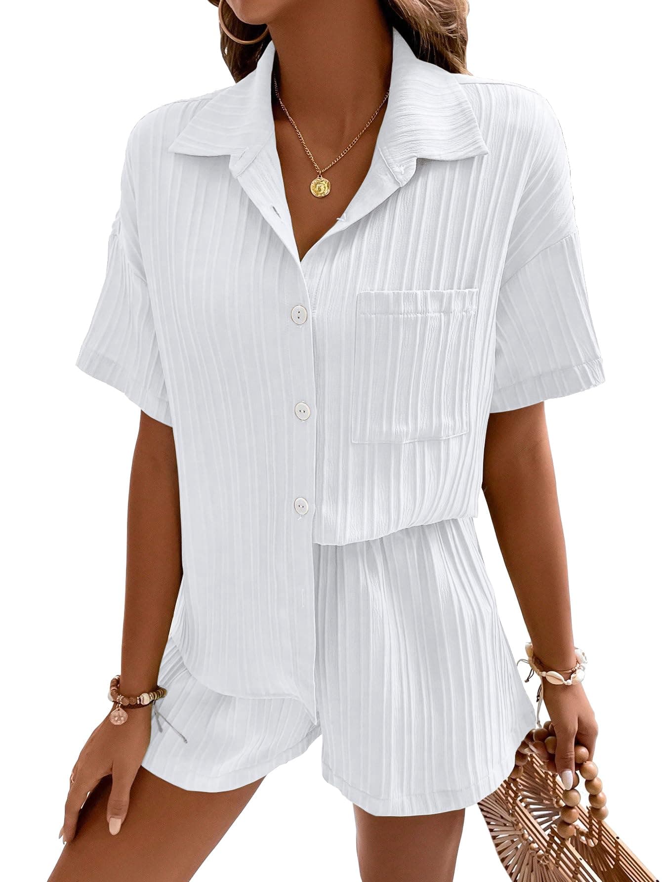Shasmi Women & Girls White Solid Color Button Front Vacation Solid Texture Short Sleeve Loose Fit Drop Shoulder Pocket Shirt and Shorts Casual Two-Piece Set (Co Ods 143 White-S)