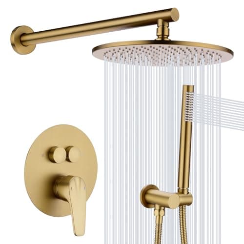 TRUSTMI Push Button Shower System, Brushed Brass Gold 10 Inch Rainfall Shower Set, Pressure Balanced Rough-In Valve and Trim Kit, Wall Mount