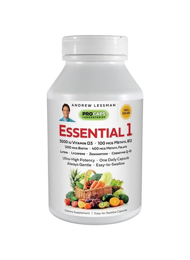 Essential-1 Multivitamin 3000 IU Vitamin D3 180 Small Capsules – 100 mcg Methyl B12. CoQ10 Lutein Lycopene Zeaxanthin. High Potency. No Additives. Gentle Ultra-Mild. One Daily Capsule