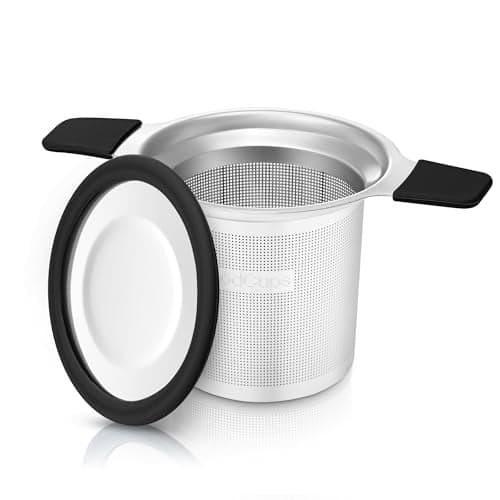 Stainless Steel Tea Infuser for Loose Leaf Tea – Extra Fine Mesh Strainer with Heat Proof Double Handles & Lid, Reusable Filter Fits Mugs, Cups & Teapots, Black