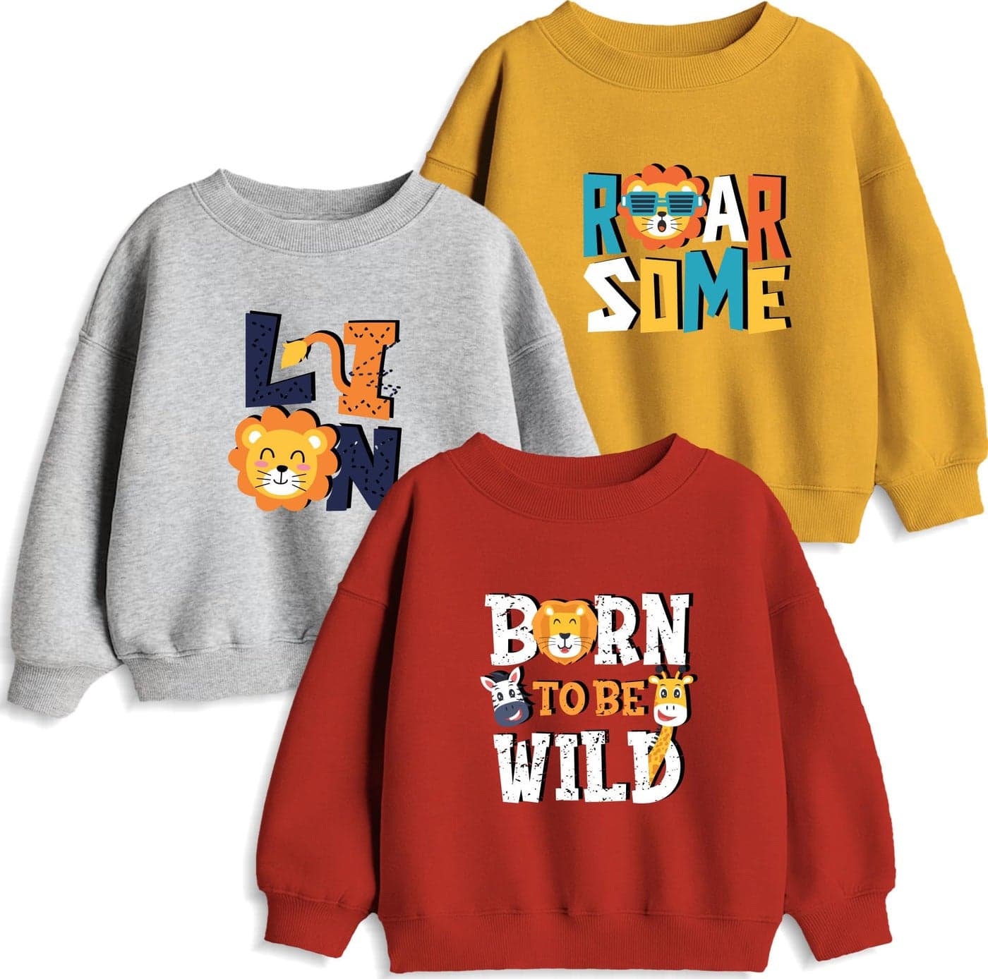 minicult Full Sleeves Sweatshirt for Kids with Fun Prints(Lion)(Pack of 3)(9-10 Years)