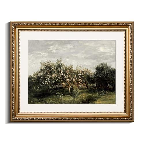VIYYIEA Gold Framed Landscape Wall Art, Impressionist Nature Orchard Scene Wall Decor, Canvas Painting for Living Room Kitchen, Great Gift for Nature Lover, 13x16 Inch
