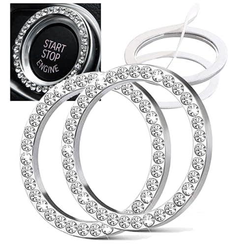2pcs Bling Car Engine Start Button Cover Diamond Crystal Push Start Stop Button Ring Sparkly Bling Ignition Button Cover Rhinestone Keyless Ignition Ring Universal Car Accessories Silver