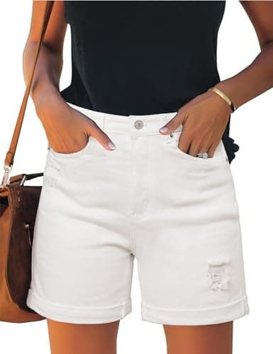 luvamia Women's Casual Ripped Denim Shorts High Rise Summer Destoryed Jeans Shorts Women's Denim Shorts Jean Shorts Women Brilliant White Size X-Large Size 16 Size 18
