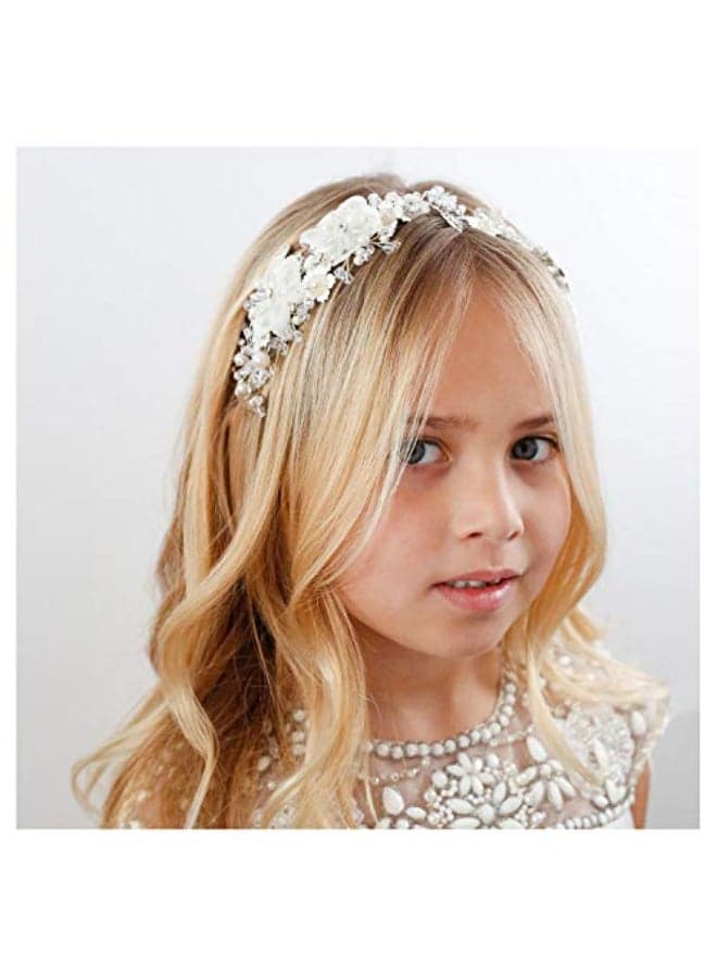 SWEETV Flower Girl Headpiece Ivory Tulle Flowers Wedding Headband for Girls Princess Pearl Hair Accessories for Birthday Party First Communion