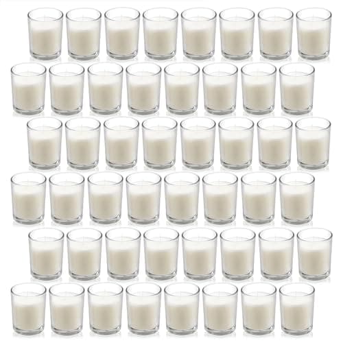 Housecret 48 Pack Warm White Unscented Clear Glass Filled Votive Candles. Hand Poured Wax Candle Ideal Gifts for Aromatherapy Spa Weddings Birthdays Holidays Party