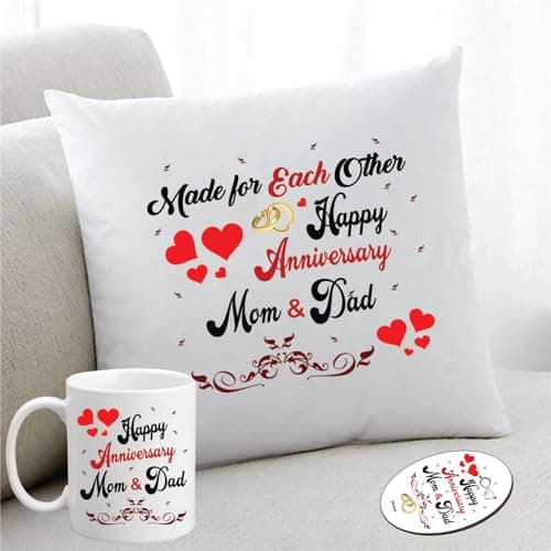 PICRAZEE Celebrate Your Parents' Love: “Made for Each Other” Anniversary Combo (Set of Printed 12x12 inch Satin Cushion with Filler, Ceramic Mug, Fridge Magnet)