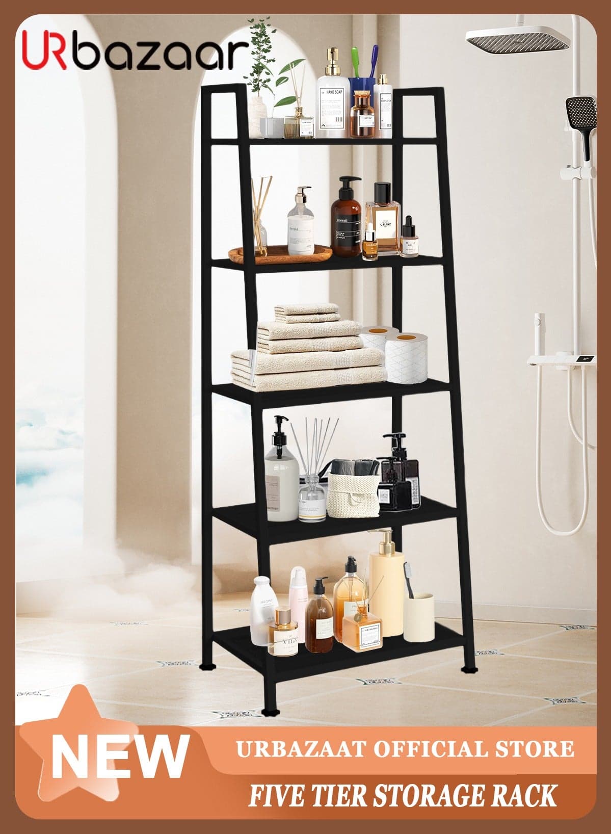5 Tier Bookshelf,Industrial Ladder Shelf, Open Display Storage Rack, Bookcase with Metal Frame, Freestanding Storage Shelves for Home Office, Living Room, Bedroom, Kitchen