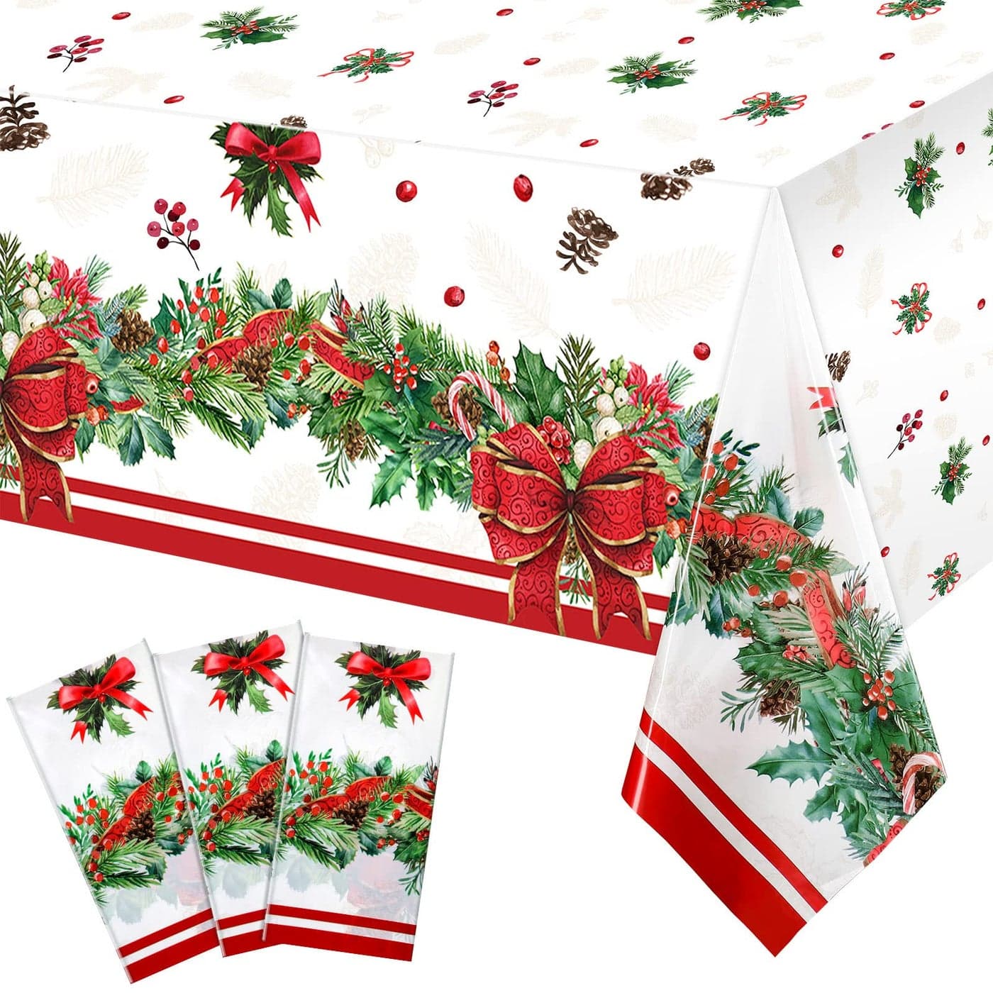 Tiamon 3Piece Plastic Tablecloths Waterproof Disposable Rectangle Xmas Table Covers for Christmas Party Supplies
