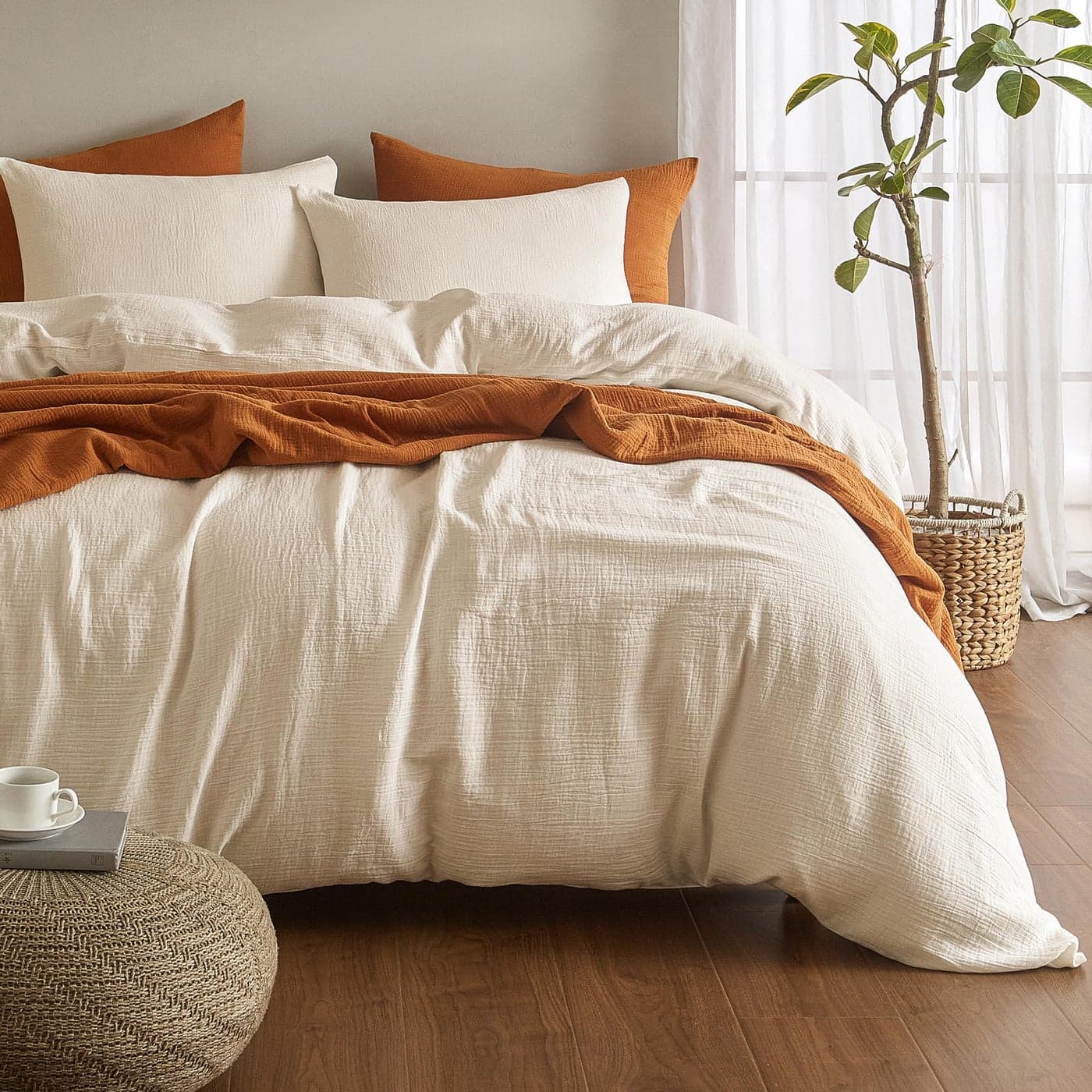 SE SOFTEXLY Muslin Duvet Cover Queen Size 100 Washed Cotton Duvet Cover Set Ultra Soft Comforter Cover Linen Like 3 Pieces Minimalist Gauze Duvet Cover with 2 Pillowcases 90x90 OffWhite
