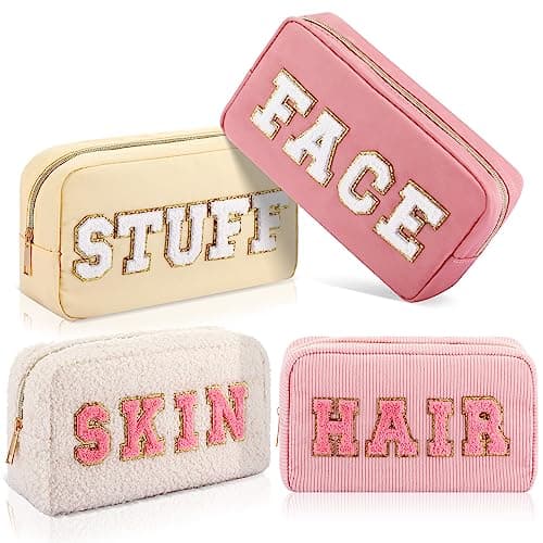 Kajaia 4 Pcs Preppy Makeup Bags Chenille Letter Bag Hair Face Skin Stuff Cosmetic Pouch Cases for Women Travel Toiletry Spend The Night(Beige, Powder, Milk White, Pink,Grace)