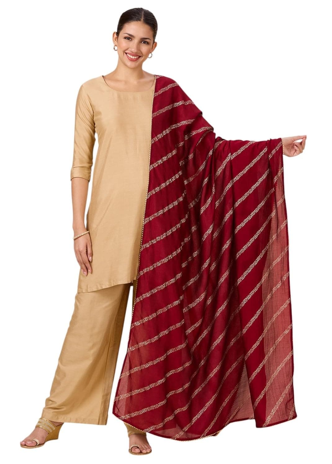 Studio Shringaar Women's Silky Polyester Full Size Dupatta With Golden Lehariya Print (42" X 2.5 Meters, Maroon)