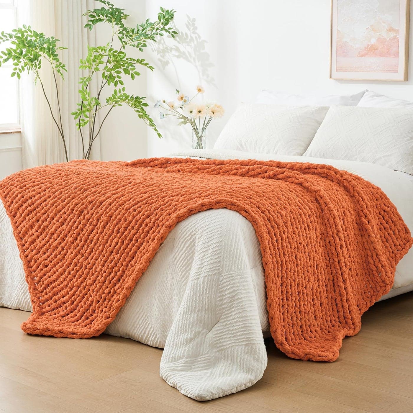 Bigacogo Chunky Knit Throw Blanket for Couch 51x63 inches 100 Hand Knitted with Thick Jumbo Chenille Yarn Cozy Soft Large Rope Knot Cable Crochet Blankets for Sofa Bed Living Room Terracotta