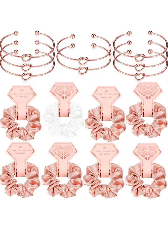 8 Pieces Satin Hair Scrunchies Bridal Shower Scrunchy Hairbands Bachelorette and 8 Pieces Bridesmaid Bracelets with I Can't Tie The Knot Without You Bridesmaid Cards (Rose Gold, White)