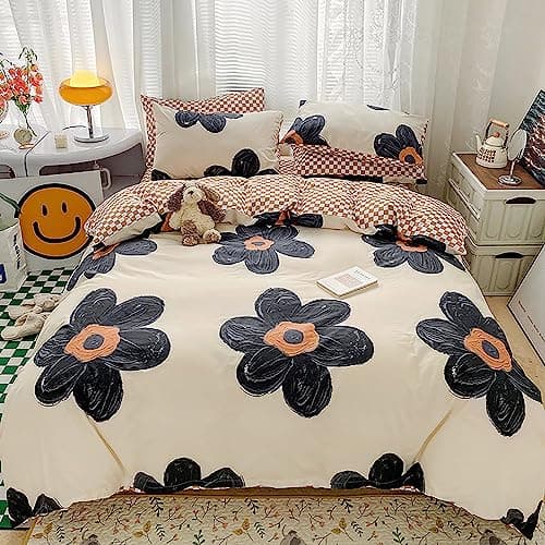 Cottonight Black Sunflower Comforter Set Full Black Beige Floral Bedding Comforter Set Full Big Flowers Cute Quilts Botanical Black White Blankets Elegant Bedding Set for Women Girls Female Teens