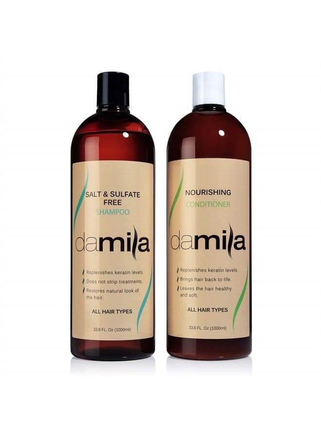 Damila Salt & Sulfate Free Shampoo & Conditioner for Keratin and Color Treated Hair - Professional Keratin Value Pack for Damaged, Frizzy, Curly, Dry & Thin Hair - Shampoo Sin Sal - 33.8 Fl Oz