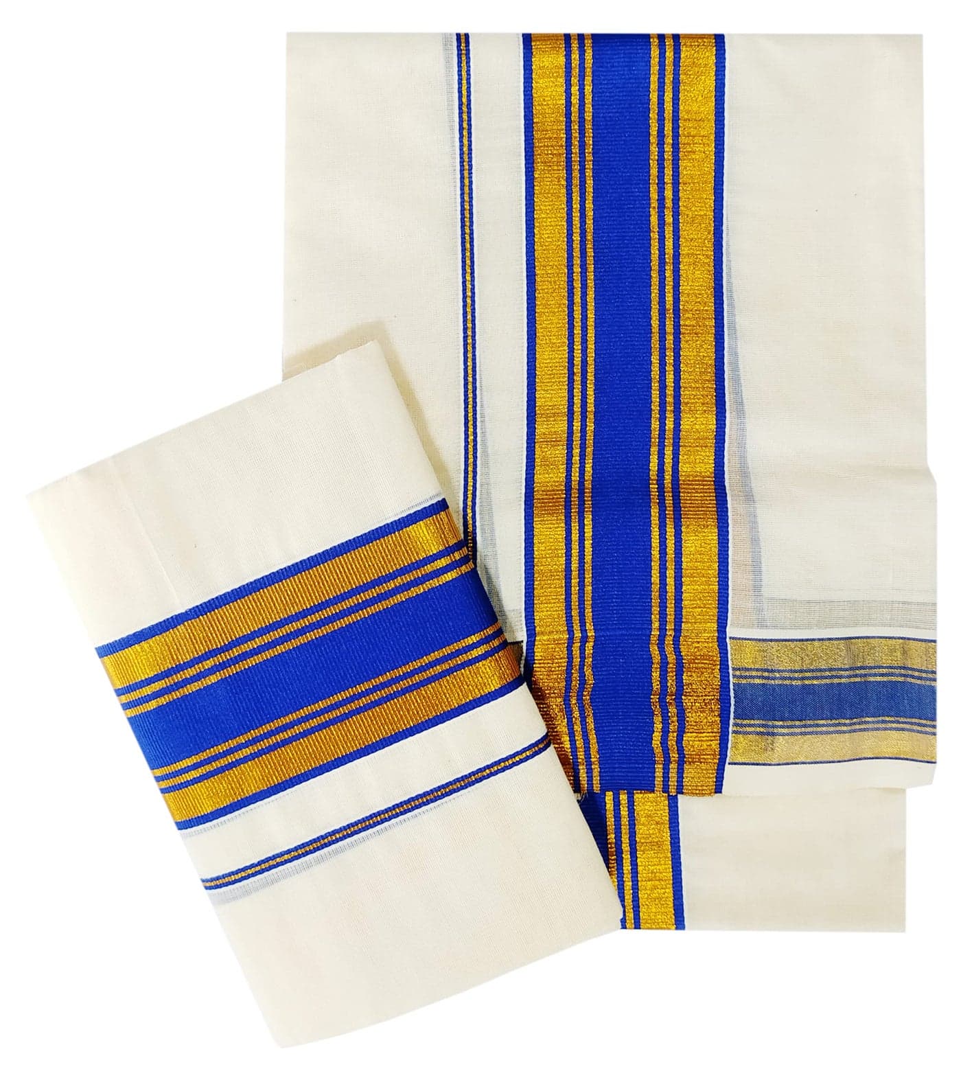 YETTALAN® Women's Kerala Traditional Cotton Set Mundu Cream Color with Fancy Border (BLUE)