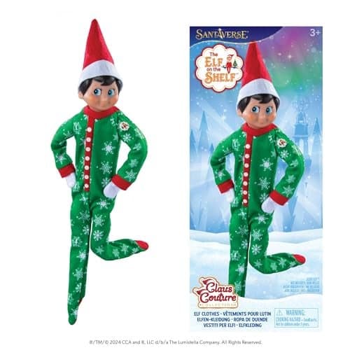 The Elf on the Shelf Claus Couture Snowflake Snuggle Onesie PJs Cozy Pajamas For Your Scout Elf Includes Green Snowflake printed Onesie
