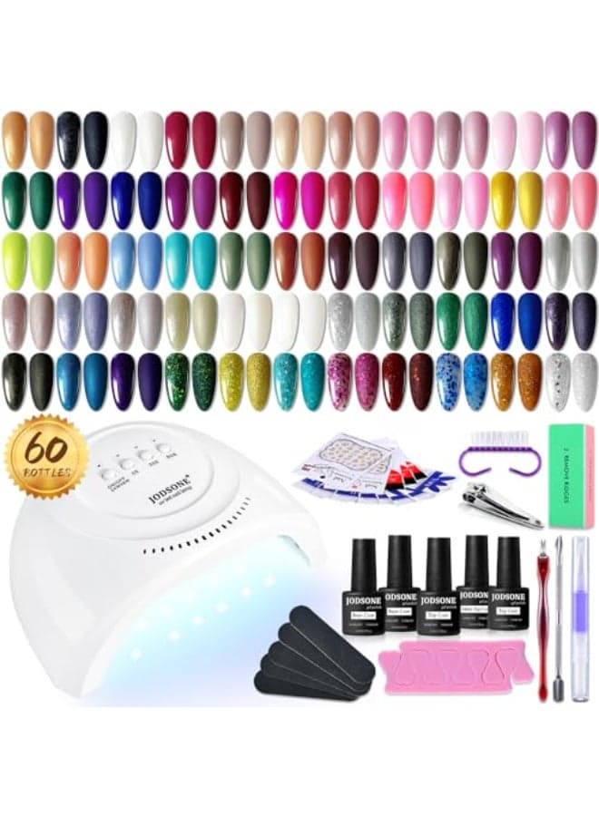 JODSONE 60 PCS Gel Nail Polish Starter Kit With U V Light 55 Kinds Of Color Glitter Gel Polish No Wipe Base And Glossy Matte Top Coat Easy To Apply
