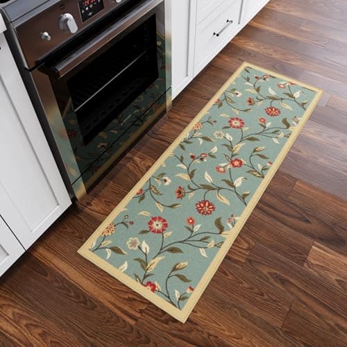 Ottomanson Hallway Runner Rug 20" x 59" Non Slip Floral Area Rugs Easy to Clean Laundry Rug Runner Durable Floor Carpet Runners for Hallways Entryway Living Room Kitchen Bathroom, Seafoam Green