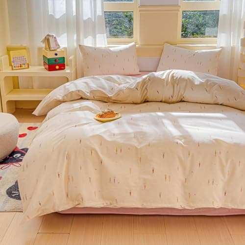 LIWHENHAO Duvet Cover Set Queen 100% Cotton Bedding Cartoon Cute Colorful Carrot Print on Cream White 1 Farmhouse Style Beige Comforter Cover Full 2 Pillowcases for Kids Girls Boys Woman