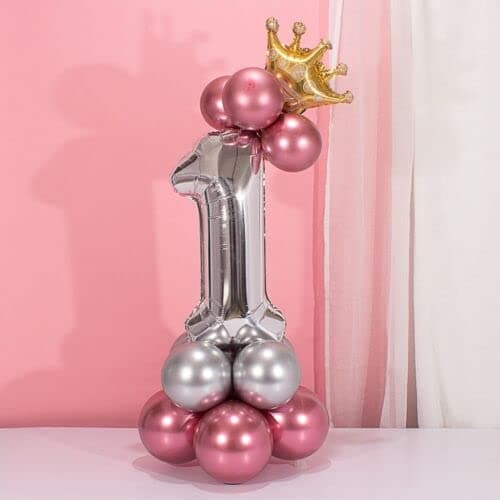 Lazybeee 19pcs Silver and Pink Balloons Set Large Number 1 (32-Inch) with Golden Crown for Birthday Decorations for Girl Boy 1st Birthday Theme Foil Balloons