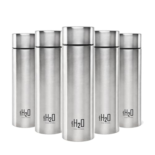CELLO H2O Stainless Steel Water Bottle For Office & Daily Use Set of 5 Pcs, 1000 ml Silver | Single Wall Freezer & Fridge Safe, Lightweight Leakproof Rustproof Steel Water Bottle For School Gym Travel