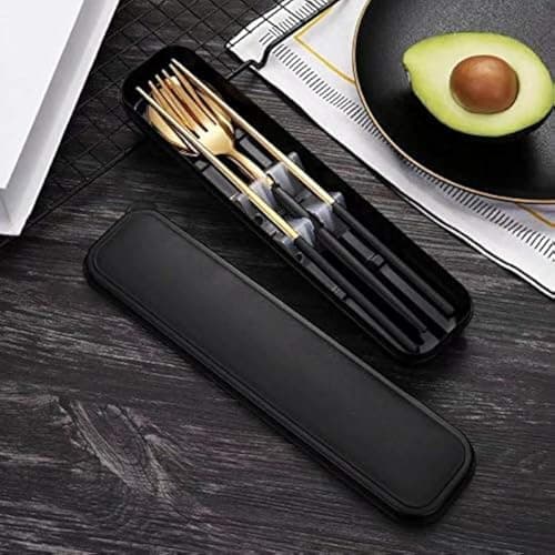 HonHeam 4 Pcs Portable Stainless Steel Tableware Set, Dishwasher Safe Reusable Flatware Cutlery Set, Include Fork Spoon Chopsticks with box (Golden black)