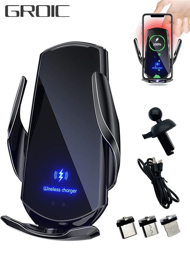 Q3 Smart Sensor Car Phone Wireless Charger with 3 charging connectors,15W Qi Fast Charging Auto-Clamping Car Phone Holder Air Vent Phone Holder,Compatible with All iPhone Android