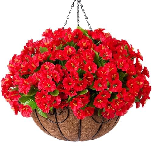 Ammyoo Artificial Hanging Flower Plants with Basket for Outdoor Decoration, Faux Petunias Flowers Fake Morning Glory Planter for Outside Patio Garden Porch Balcony Yard Decor(Red)
