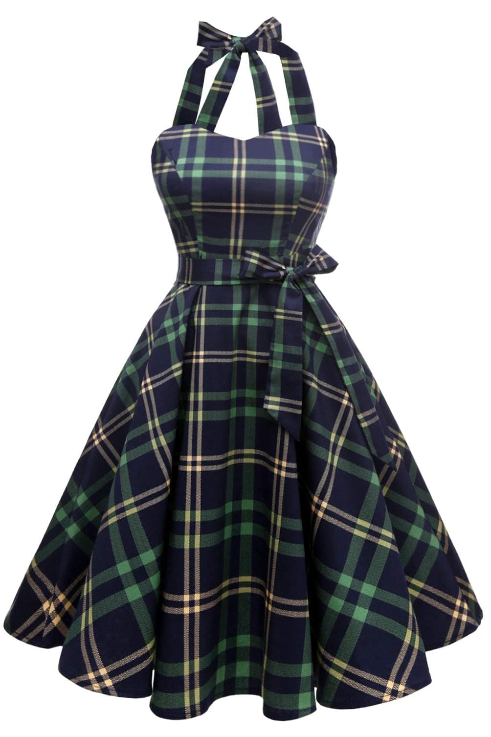 Topdress Women's Vintage Polka Audrey Dress 1950s Halter Retro Cocktail Dress Green Plaid 2XL