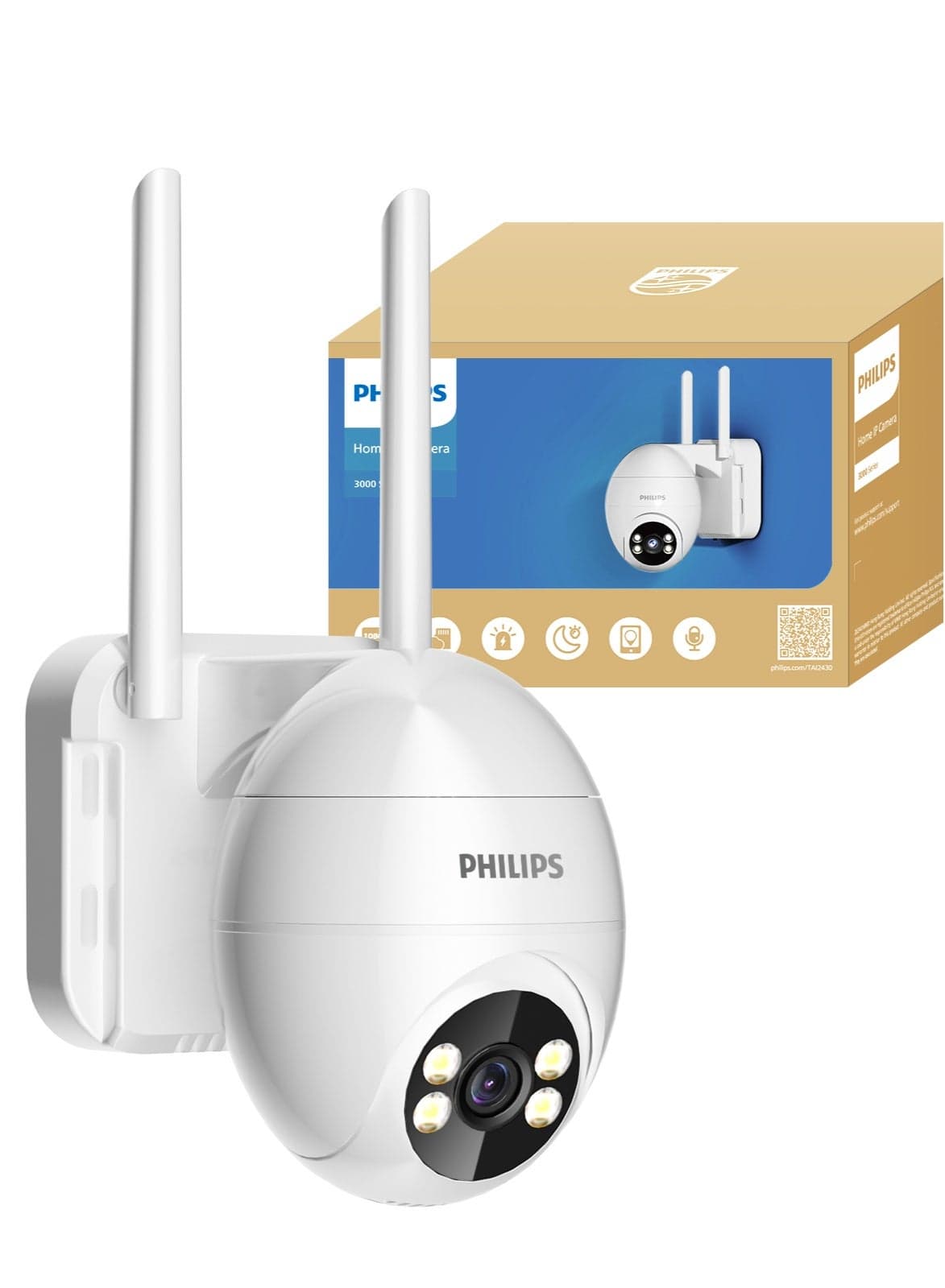 Philips 360° Smart Security Camera, 1080P WiFi Indoor/Outdoor Camera, AI Image Enhancement to 2K-Like Detail, Home Security Camera with Motion Detection & Smart Tracking, Color Night Vision, Two-Way Audio, Only Supports 2.4GHz WiFi, Up to 128GB TF Card & Cloud Storage, Remote Alerts for Home/Baby/El