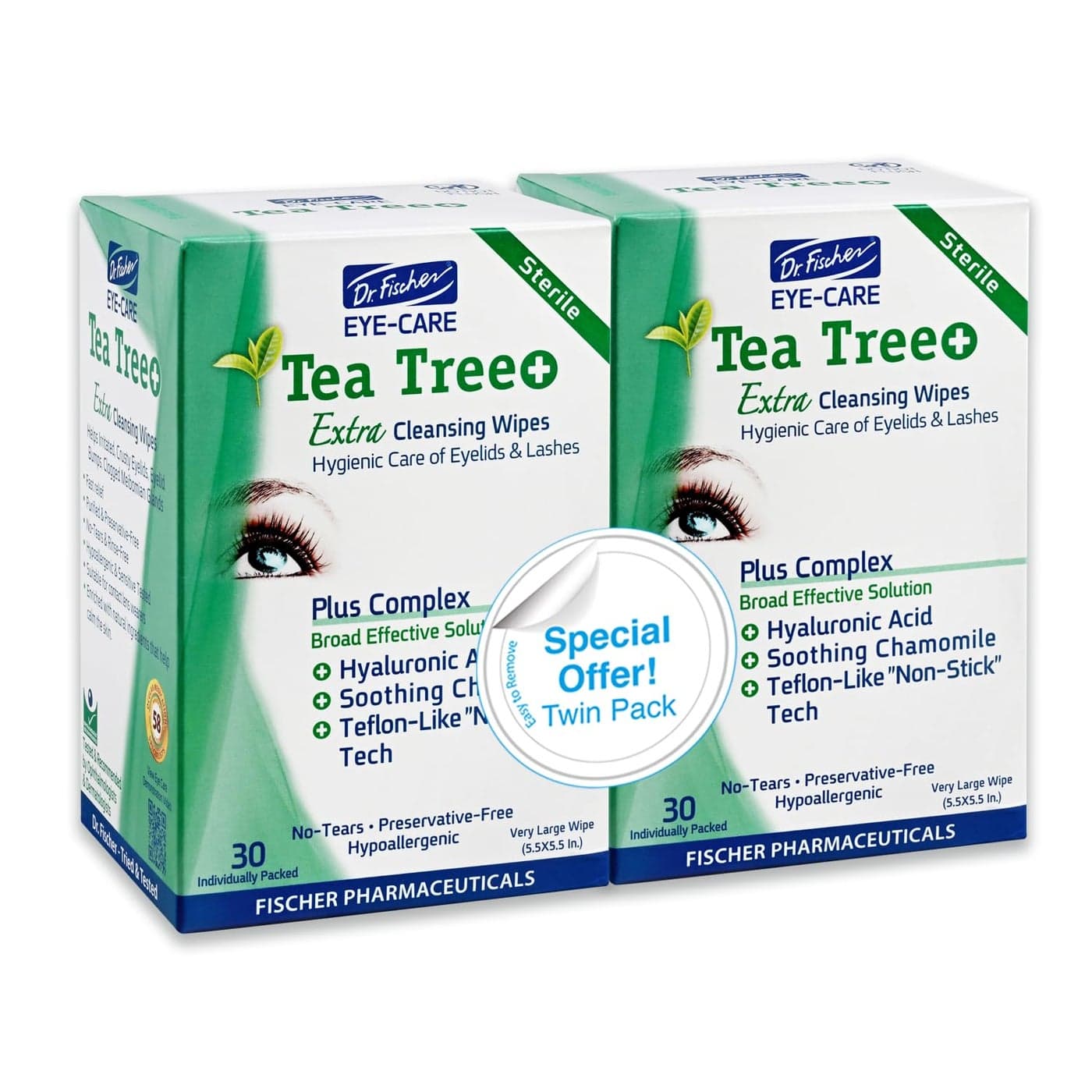 Dr Fischer Tea Tree Oil Eye Wipes Hypoallergenic Eyelid Wipes for Sensitive Eyes with Hyaluronic Acid and Chamomile Makeup Remover Daily Cleanser 60 wipes