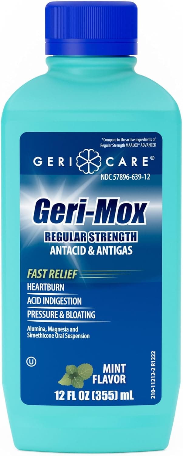 GeriCare Geri-MOX Regular Strength Antacid & Antigas for Heartburn, Acid Indigestion, Pressure and Bloating, Liquid Mint Flavor, 12 Fl Oz (Pack of 1)