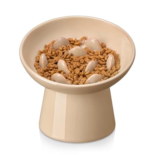 vancasso Ceramic Slow Feeder Cat Bowl, 6.25 Inch Elevated Cat Slow Feeder Bowl, Anti Vomiting for Dry and Wet Food, Brown