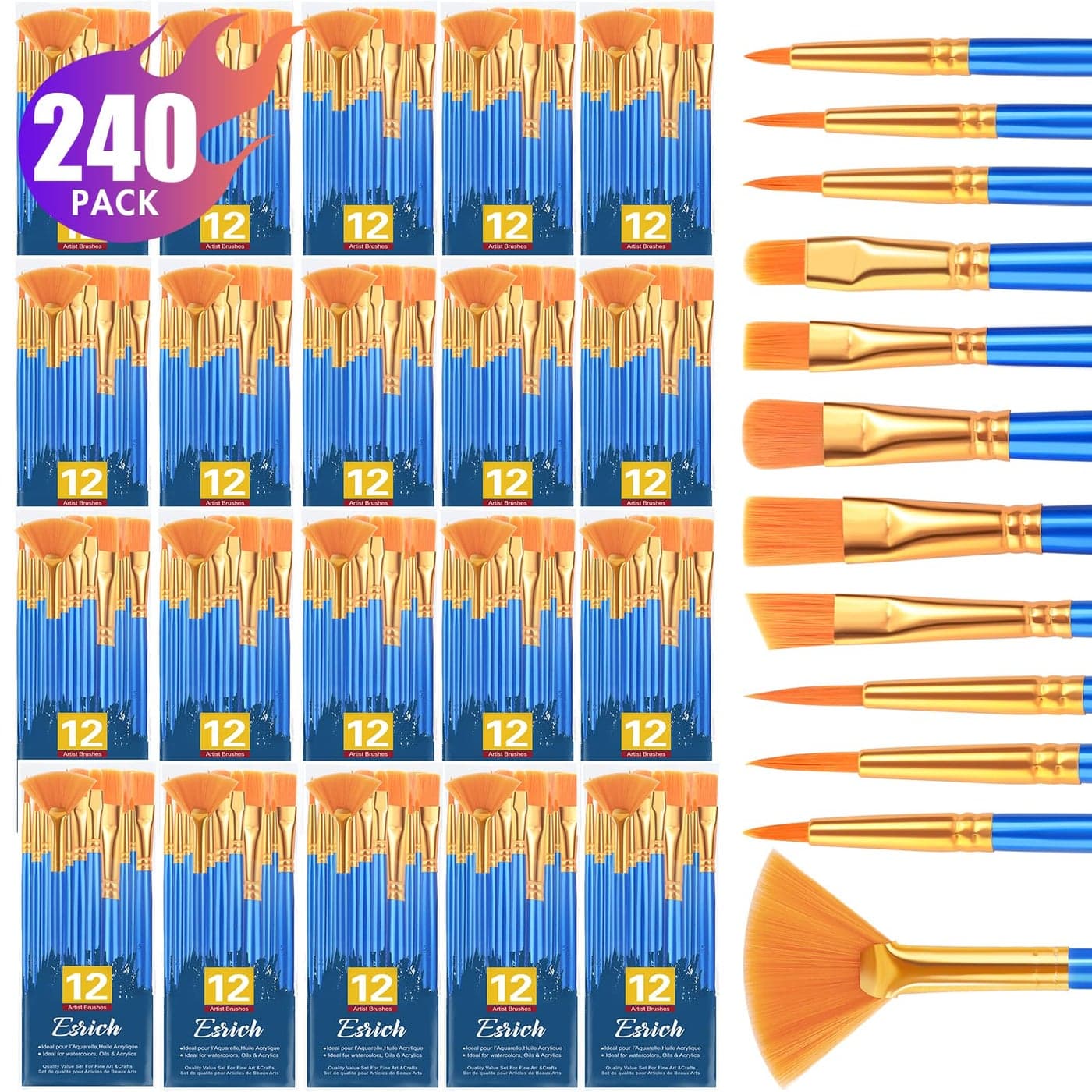 ESRICH Paint Brushes Set20 Pack 240 Pcs Nylon Hair Paintbrushes RoundPointed Tip Paint BrushArtist Paint Brushes for Acrylic PaintingAcrylic Oil Watercolor Face ArtsKids Adult Drawing