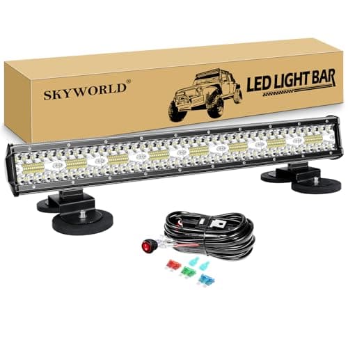 SKYWORLD 23 inch 480W 8D Driving LED Light Bar with 12V Wiring Harness Cable Kit, 2pcs Strong Magnetic Bracket Mount Holder for Car Off road Truck SUV ATV 4x4, Fog Lights 6000K White
